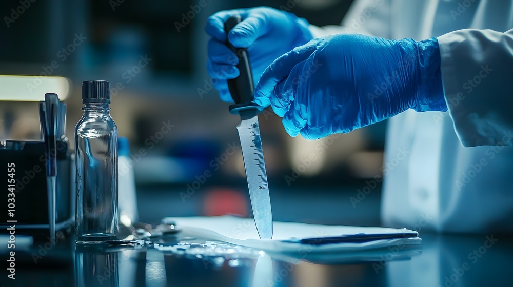 Poster gloved hand holding a scalpel on a table in a lab