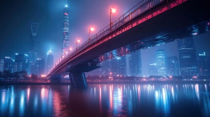 Fototapeta premium A bridge over a river in a modern city at night, with tall skyscrapers and neon lights reflecting in the water.