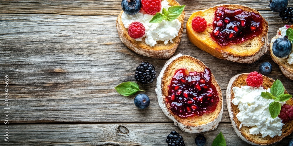 Aufkleber home breakfast toasts featuring goat cheese and berry jam on a wooden table. horizontal top view. co