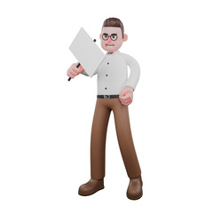 Illustrative 3D Male Sociologist. A male sociologist is standing with his right hand holding a whiteboard and his left hand at his waist. Social Research Model