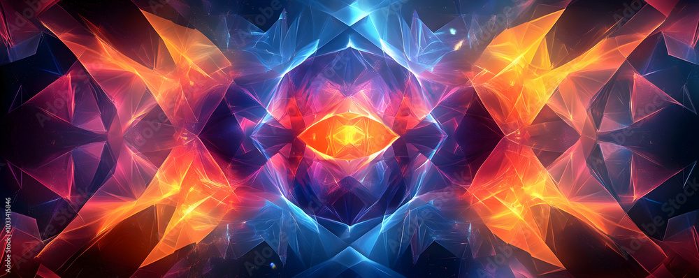Poster vivid abstract geometric background with triangles and light effects.