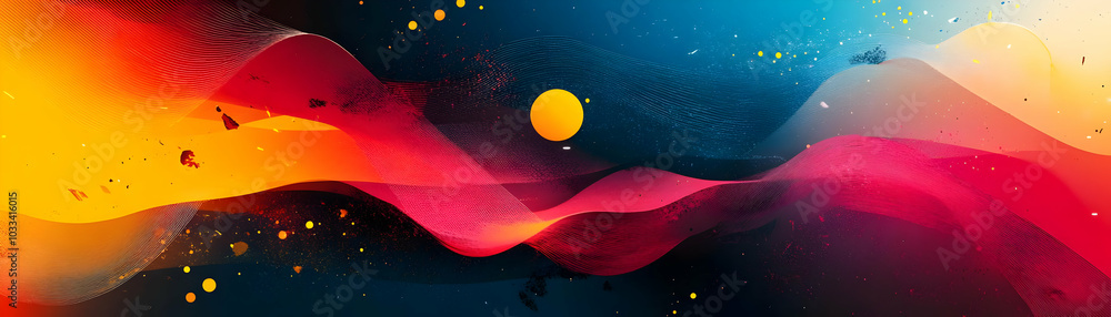 Poster abstract colorful wave background flows seamlessly with a single bright sun