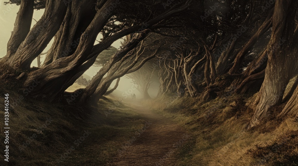 Poster a winding path through a forest of twisted trees, the fog obscuring the path ahead.