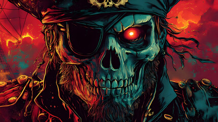 Undead Pirate Captain with Glowing Eye Stands on a Ship