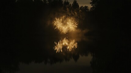 Fireworks reflected in a lake at night.