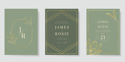 Luxury wedding invitation card vector template. Sage green background with gold line, flower, leaves branches, foliage. Design illustration for vip cover, poster, rsvp modern card.