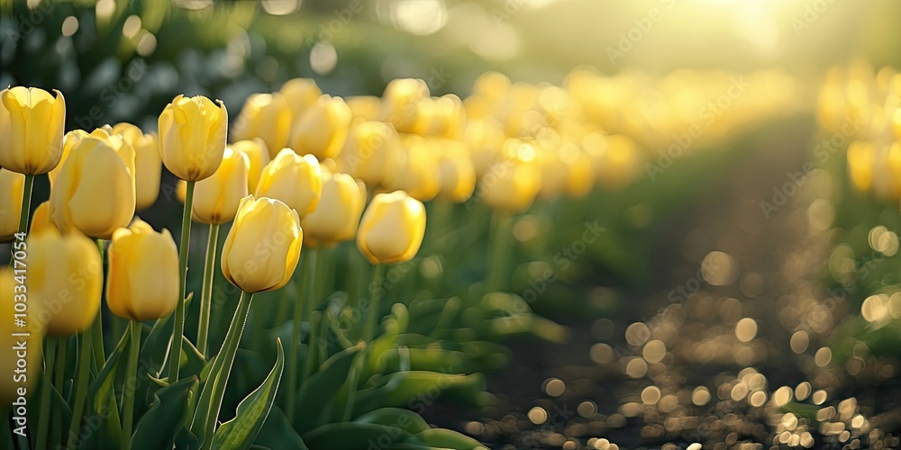 Poster a row of yellow tulip flowers stretches into the distance, set against a spring bloom backdrop.