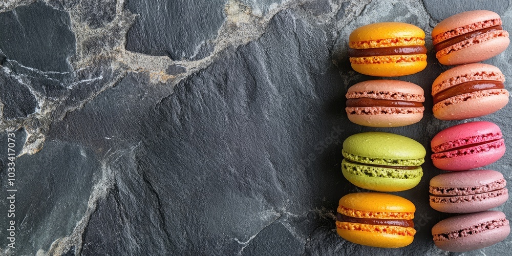 Poster colorful macaroons on a stone surface. sweet macarons. top view with copyspace for your text.