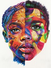 Colorful twin faces symbolize diversity and cultural identity through artistic expression