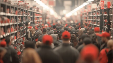 Thrilling Black Friday Shopping Frenzy in Packed Store with Enthusiastic Shoppers - Cinematic Light