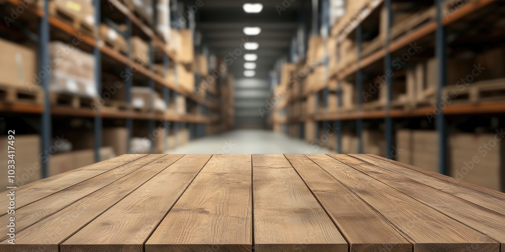 Poster wood table in a warehouse storage with a blurred background, featuring empty copyspace for product d