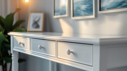 A clean white desk with drawers in a cozy, modern home office setting.