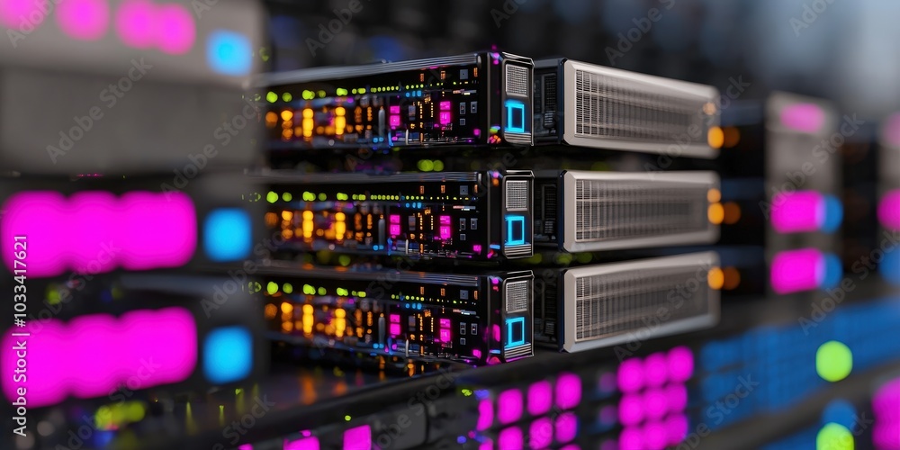 Poster high tech data center servers with glowing lights digital infrastructure