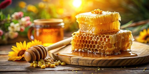 Close-Up of Honeycomb Dripping with Golden Honey - Natural Sweetness in Food Photography, Perfect for Culinary and Health-Related Content, Highlighting Organic Ingredients and Delicious Treats