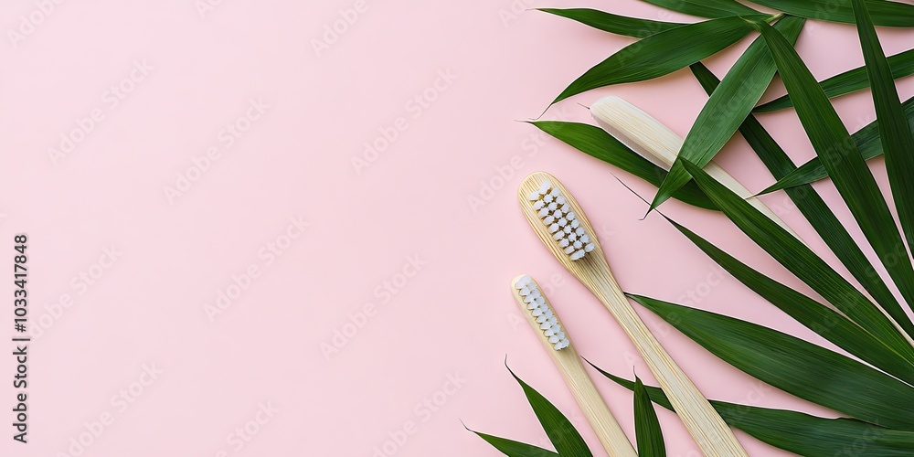 Aufkleber Bamboo toothbrush placed on a table with copy space against a pink background. A styled flat lay composition featuring bamboo leaves.