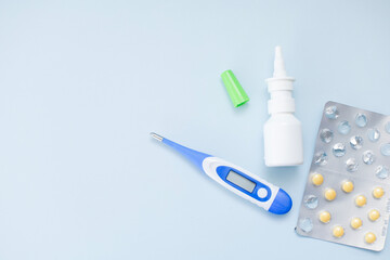Seasonal diseases. Cold, runny nose, cough Medicines, spray and syrup, thermometer, pills, capsules...