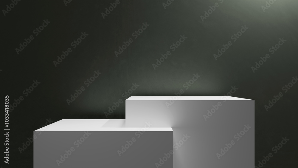 Aufkleber white podium geometric forms table stage mock up with spotlights and copy space, podium place for pr