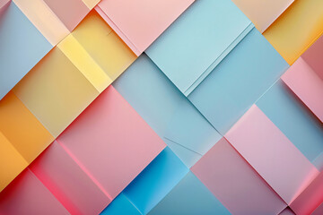 Abstract background with geometric shapes in pastel colors, featuring light blue and pink hues. The composition includes large paper sheets arranged to create an intricate pattern, giving the impressi