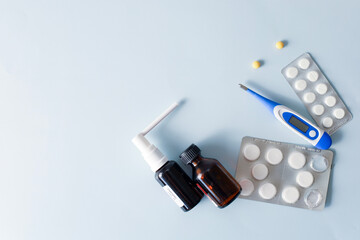 Seasonal diseases. Cold, runny nose, cough Medicines, spray and syrup, thermometer, pills, capsules...