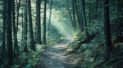 Fototapeta premium Hiker's point of view of narrow forest trail with sunbeams filtering through