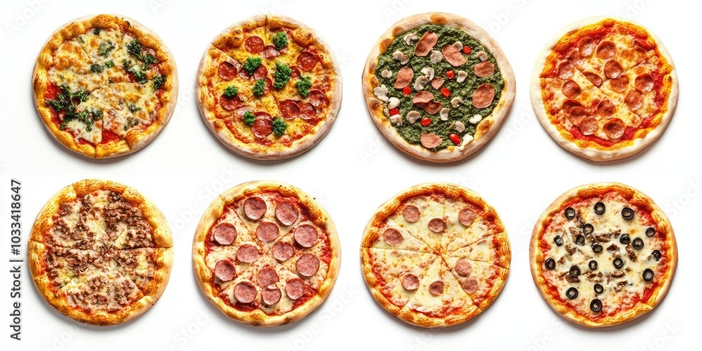 Poster assorted pizzas isolated on a white background.