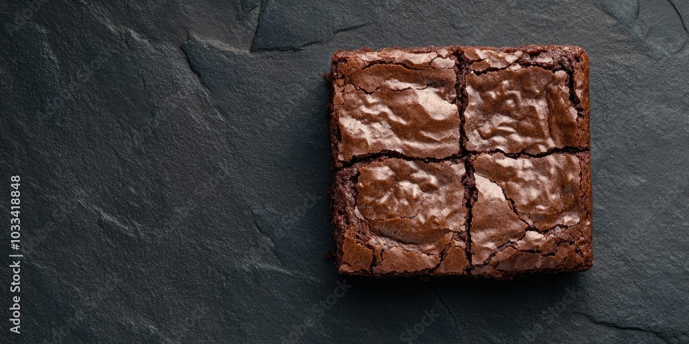 Poster overhead view of a gourmet brownie featuring a liquid center, set against a dark stone background wi