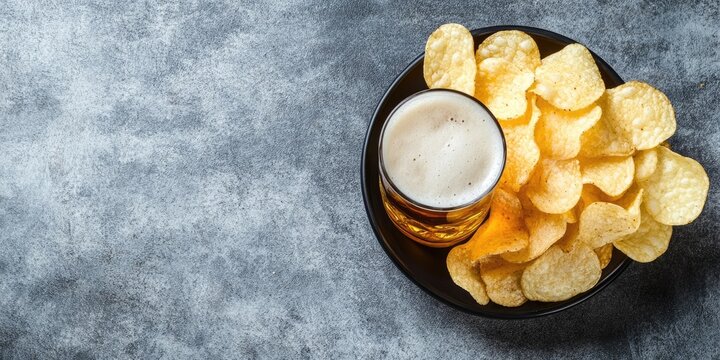 A glass of beer and potato chips in a black bowl set against a concrete background - ideal for a snack bar or pub menu. Top view with copy space.