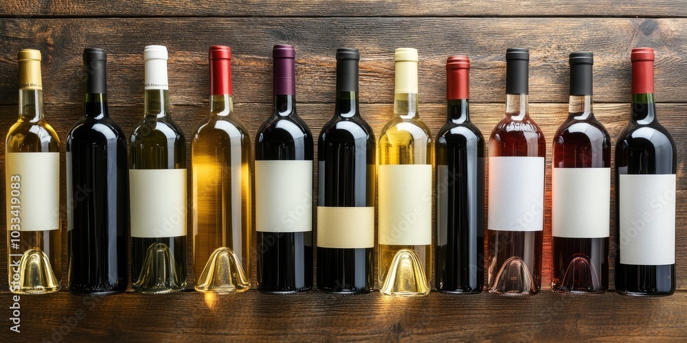 Poster Different wine bottles on a wooden table. Red and white wines. Top view flat lay with copyspace for your text.