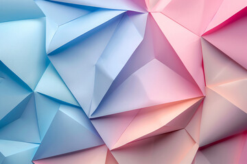 Fototapeta premium Abstract background with geometric shapes in pastel colors, featuring light blue and pink hues. The composition includes large paper sheets arranged to create an intricate pattern, giving the impressi