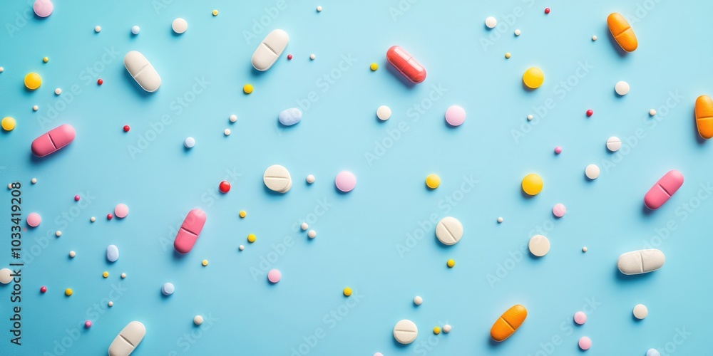 Poster pills are spread across a blue backdrop with a copyspace.