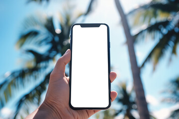 Hand Holding Smartphone Mockup with Tropical Palm Background, AI-Generated.