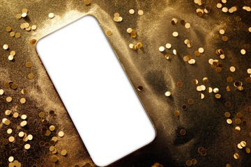 Luxury Gold-Themed Phone Mockup with Glitter and Confetti Background AI generated