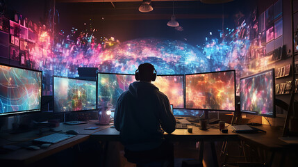 generated illustration of back view of man looking at multi plasma