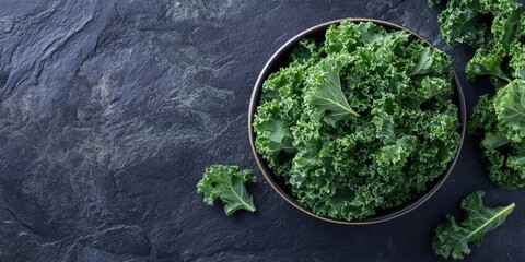 Fresh green kale leaves in a bowl on a dark stone surface. Healthy food ingredients.