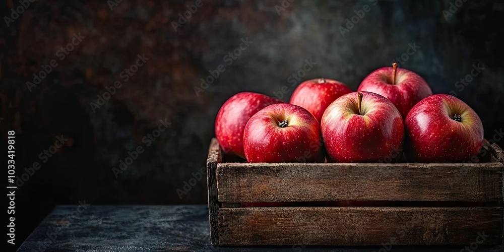 Poster cluster of ripe red apples in a wooden box with dim light in a dark room, featuring copy space for t