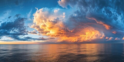 Fototapeta premium Baltic Sea at sunset. Striking blue sky following the storm, decorative cumulus clouds. Grand cloudscape. Nature, environment, ecology, meteorology, cyclone, unpredictable weather.