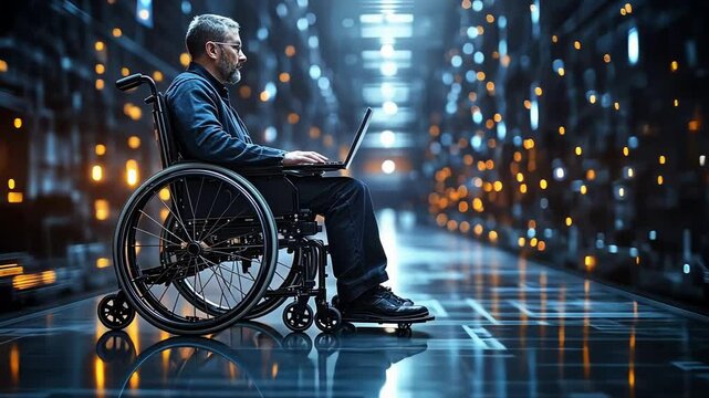 A man in a wheelchair engages with his laptop in a bright data center, surrounded by rows of glowing servers, showcasing technology accessibility