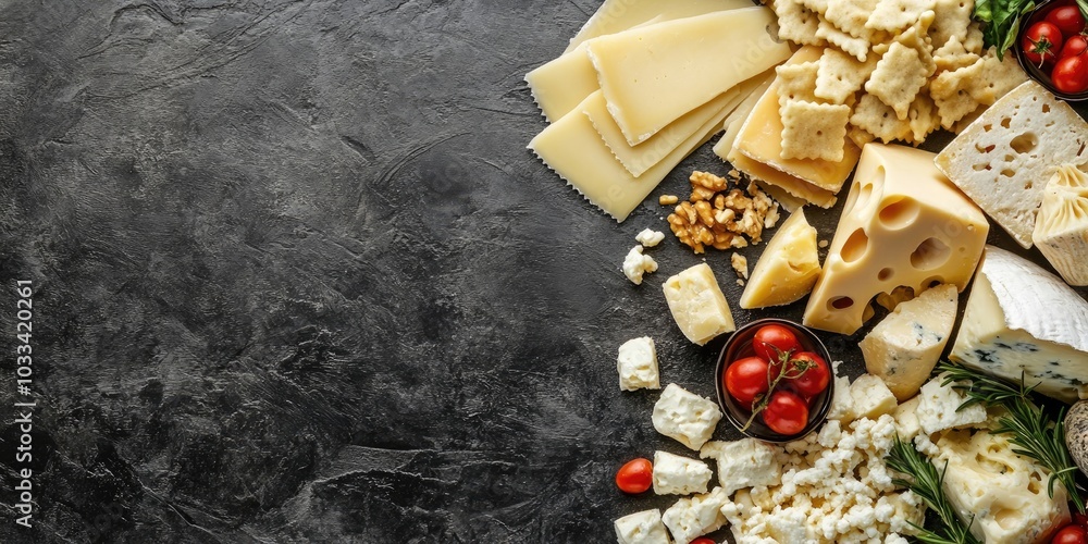 Aufkleber cheese variety for snacking. top view. ample copy space.