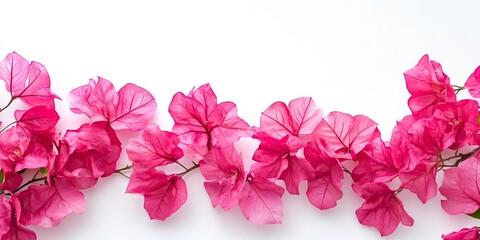 Bougainvillea pink flowers set against a white background, creating a border design. A lovely spring nature backdrop featuring vibrant fresh Mediterranean Bougainvillea with copy space. Top view.