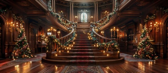 Luxurious Victorian Era Mansion Beautifully Decorated for the Christmas Holidays Featuring Elaborate Ornamentation Ornate Staircases Lavish Furnishings and Warm Inviting Ambiance
