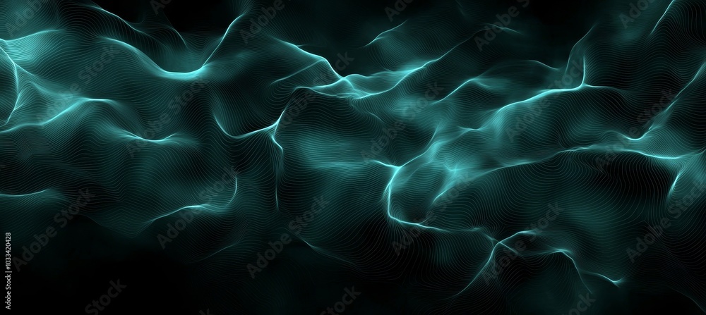 Poster Space filled with polygons and dots. Waves in 3D. Abstract digital background.