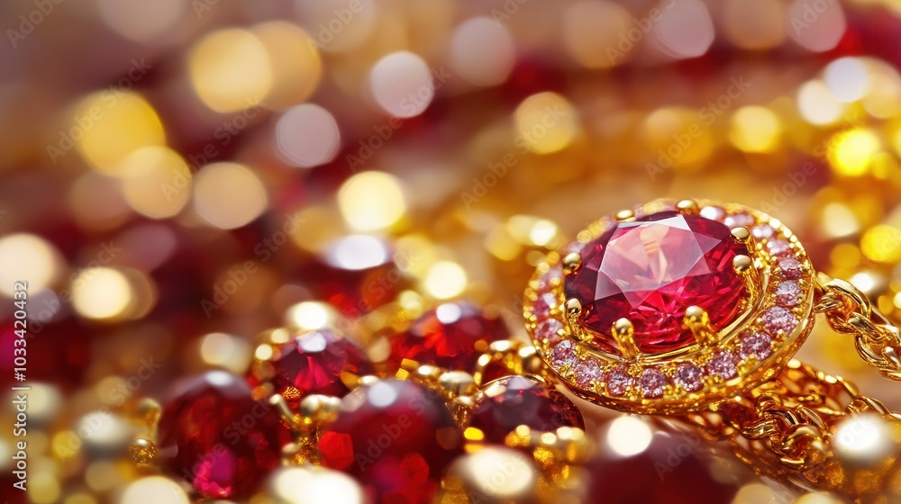 Poster close-up of a ruby ring and necklace with a blurred background of golden bokeh.