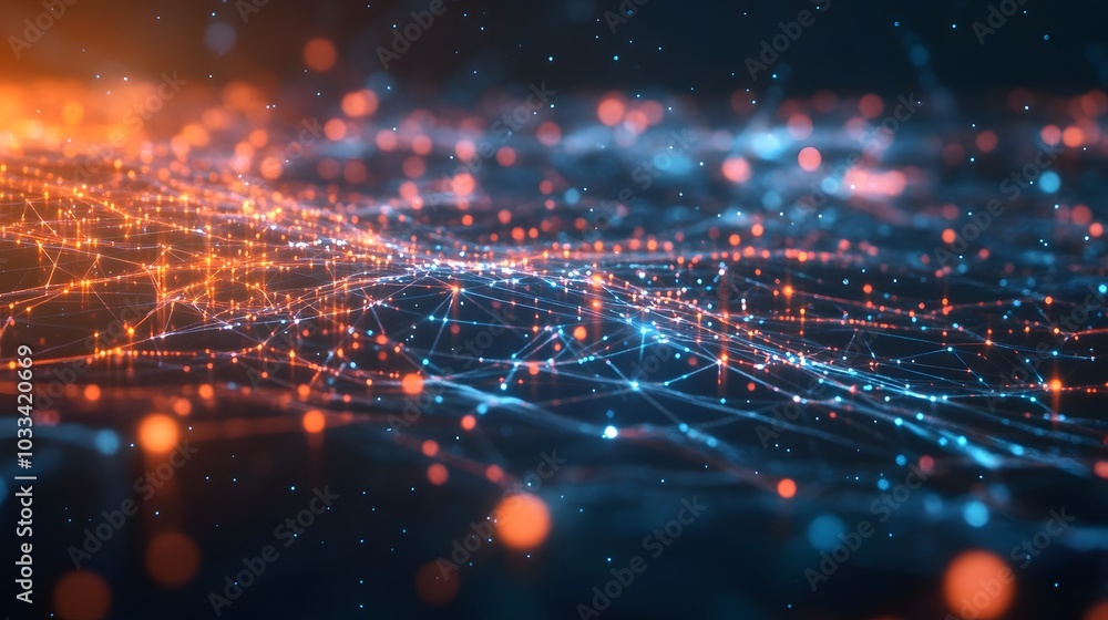 Poster abstract network of glowing red and blue lines and points