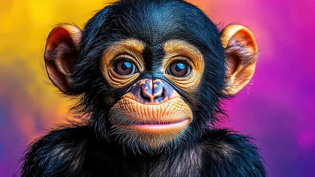 A baby monkey with bright eyes curiously explores a lively and colorful environment, showcasing its playful nature and adorable features