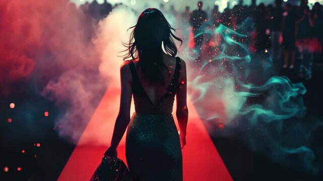 A woman walks down a red carpet at a glamorous evening event surrounded by a lively crowd and colorful lights