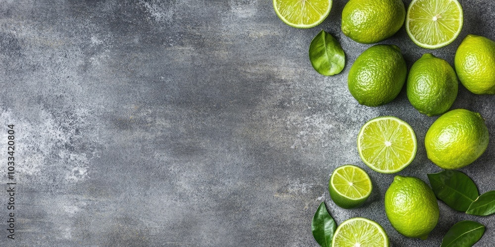 Poster concrete background featuring juicy limes. top view with copyspace.