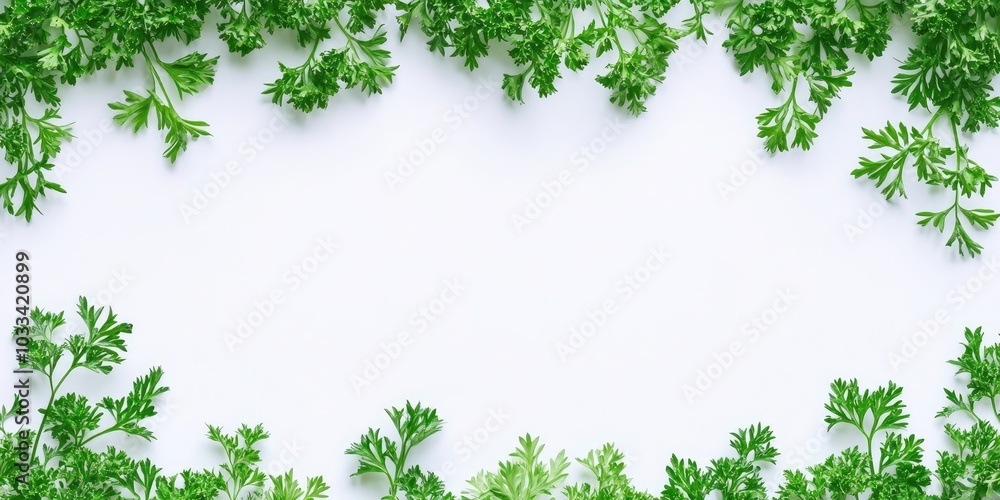 Poster greenery. curled parsley sprigs on a white background. macro image. long header banner layout. panor