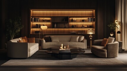 Modern Living Room Interior Design with Warm Lighting and Stylish Furniture