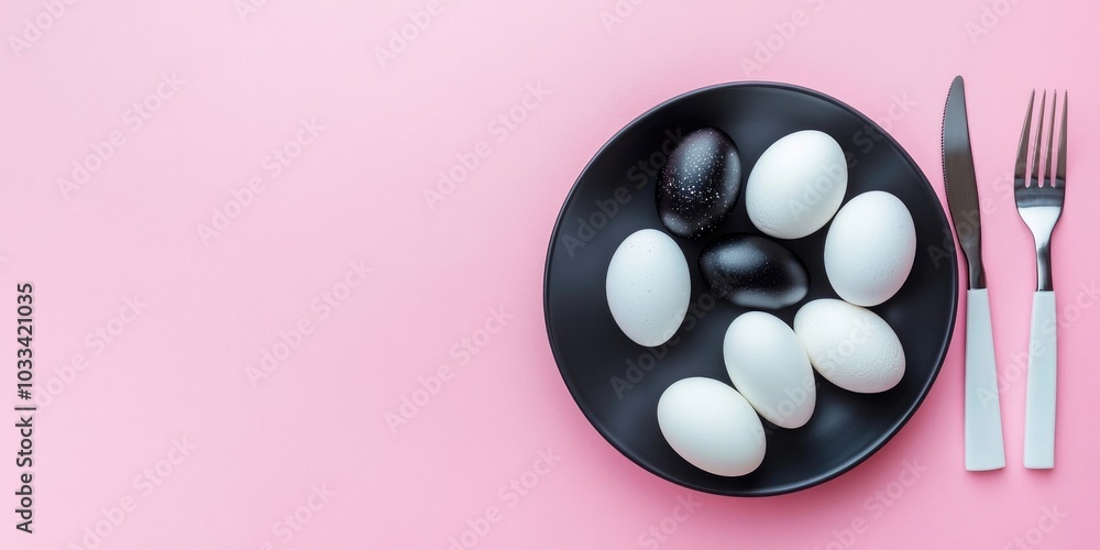 Aufkleber easter dinner setting featuring a plate of black and white eggs, along with a knife and fork on a pa
