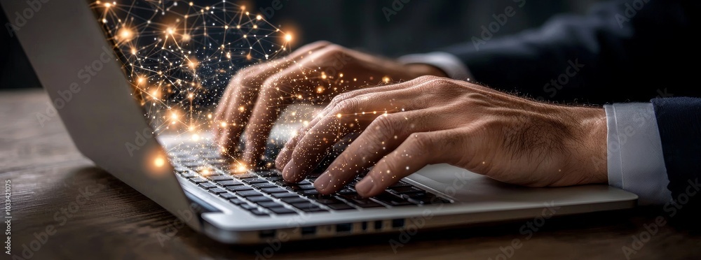 Poster Digital technology, internet network connection, big data, digital marketing, IoT internet of things. Man surfing the internet using a modern computer.